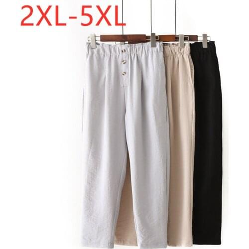 New 2021 Ladies Summer Plus Size Haren Pants For Women Loose Casual Linen Gray Black Pocket Long Trousers 2XL 3XL 4XL 5XL
