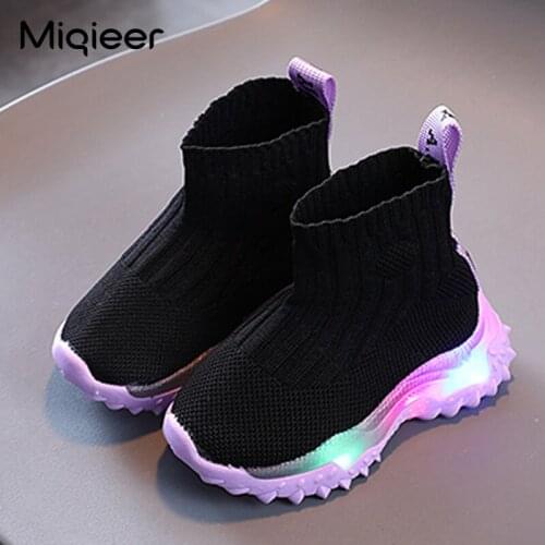 Children Boots For Girls Autumn Fashion LED Light Sole Kids Slip-On Elasticity Socks Shoes Infant Sneakers Platform Ankle Boots