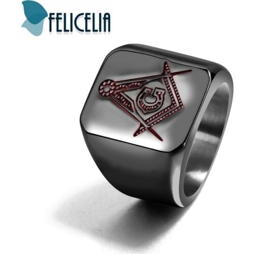 Felicelia Vintage Freemason Masonic Ring Jewelry For Men Black Silver Gold Color Stainless Steel Signet Rings Size 7-12