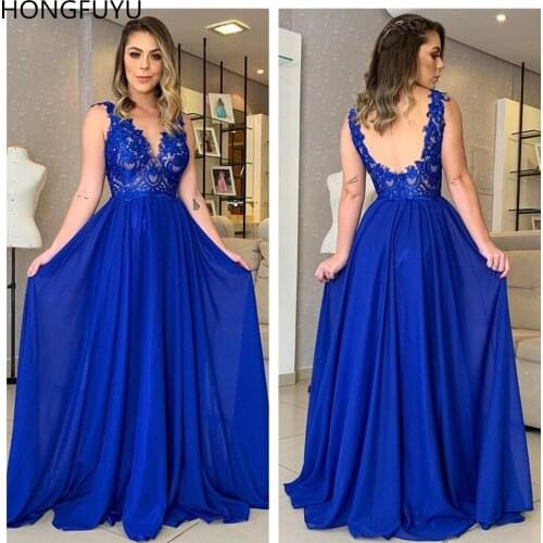 HONGFUYU 2021 Royal Blue Chiffon Prom Dresses A-line V Neck Evening Party Dress vestido de festa longo casamento Lace Appliques