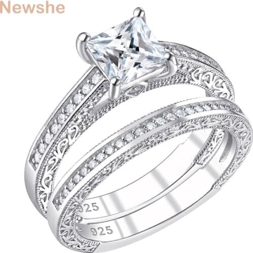 Newshe 2 Pcs Vintage Wedding Ring Set For Women Solid 925 Sterling Silver 0.8Ct Princess Cut AAAAA CZ Engagement Rings BR0614