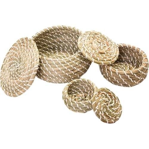 Round Seagrass Box Lidded Storage Basket Box Set of 3 Small Home Organization Pantry Bathroom Desktop Toy Storage