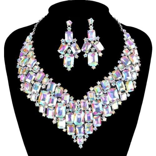 Statement ab shiny crystal Square necklace earrings women party show Jewelry sets Costume Jewellery Brides Accessories Gifts