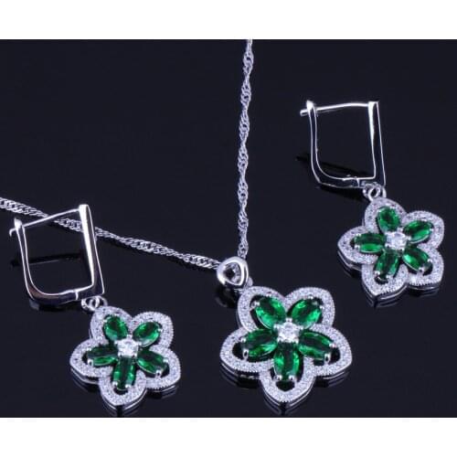 Fancy Green Cubic Zirconia White CZ Silver Plated Jewelry Sets Earrings Pendant Chain V0022