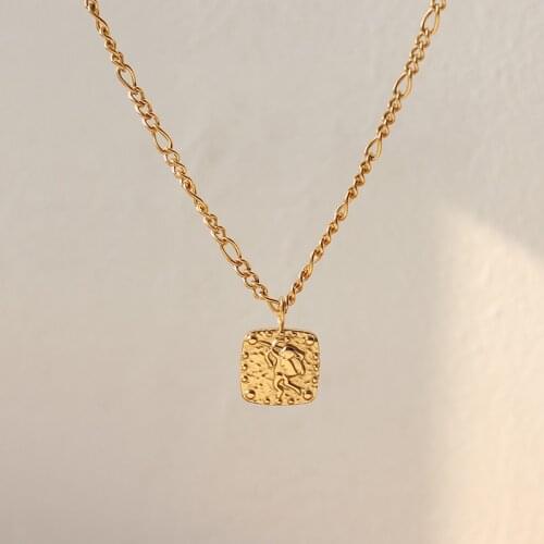 Amaiyllis 18K Gold Studded Cupid Figaro Clavicle Chain Necklace Square Embossed Texture Square Necklace Pendant Jewelry