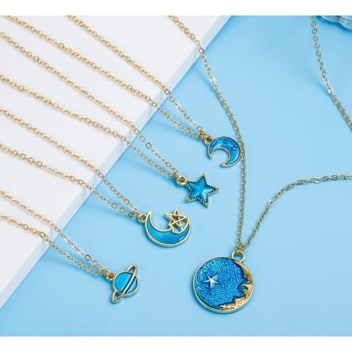 Fashion Choker Necklace Cartoon Enamel Star Moon Planet Pendant Chain Necklaces for Women Gifts Collares Collier Ketting Jewelry