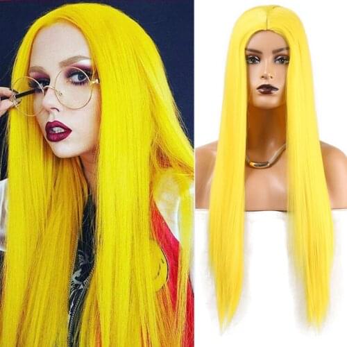 Cosplay Silky Straight Synthetic Wigs For Women Girls Yellow Color Wig Heat Resistant Fiber Hair