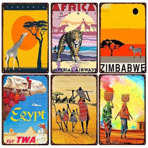Africa Landscape Zebra Giraffe Metal Signs Egypt Resident Life Scene Tin Poster Home Decoration Living Room Wall Art Iron