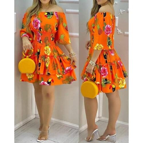 Fashion Elegant Fruit Print Off Shoulder Short Sleeve Kawaii Fairy High Waist Pleated A-Line Dress Summer Womens Party Dress