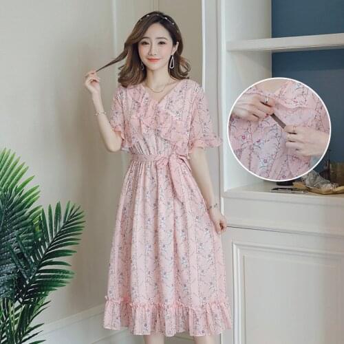 Short Sleeve Maternity Dresses Summer Pink Chiffon Nursing Dress Floral Long Dress for Pregnant Women Breastfeeding Summer Dress
