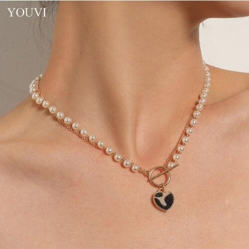 YOUVI Luxury Pearl Heart Pendant Necklace for Women Summer Pearl Beads Chain Necklace Bohemian Lock Choker Jewelry Gift
