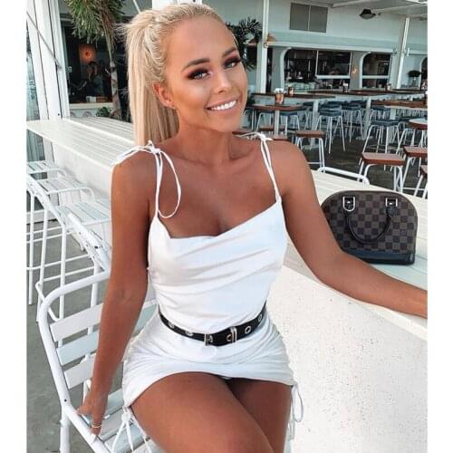 Kesiachiccly Satin Sexy Backless Sleeveless Party Night Club Wrap Mini Dresses Spaghetti Strap Elegant Dress Drawstring Vestidos