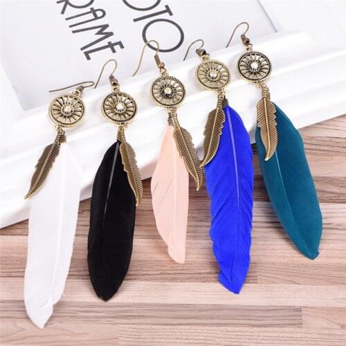 Flower Rhinestone Feather Tassel Pendant Earrings Retro Women Fashion Personality Punk Classic Bronze Earrings For Women