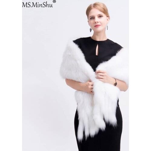 Ms.MinShu White Fox Fur Shawl Hand Knitted Fox Fur Wrap Natural Fox Fur Scarf with Fringes Wedding Shawl Luxury White Fur shawl