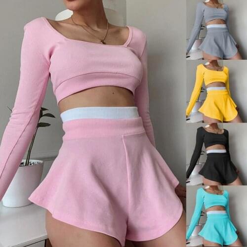 Hot Sale New Fashion Women Outfit Color Block Slim Casual Long Sleeve Top Culottes Shorts for Fitness