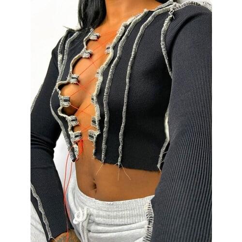 Sexy Hollow Out Drawstring Long Sleeve Crop Top Club Party Wear Streetwear Outfits Ribbed Striped Short Tee