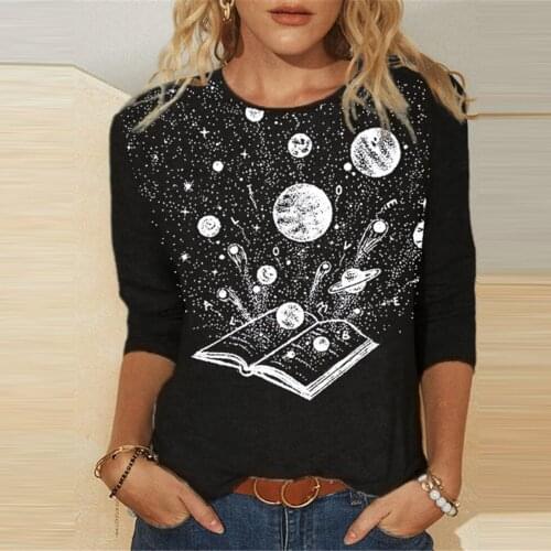 Womens Casual Loose O-neck Irregular Print T-shirts Long Sleeve Soild Color Top Classic All-match T-shirt