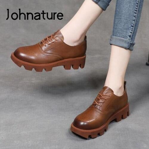 Johnature Pumps Women Shoes 2021 New Spring/Autumn Lace-Up Genuine Leather Round Toe Retro Handmade Concise Leisure Ladies Shoes
