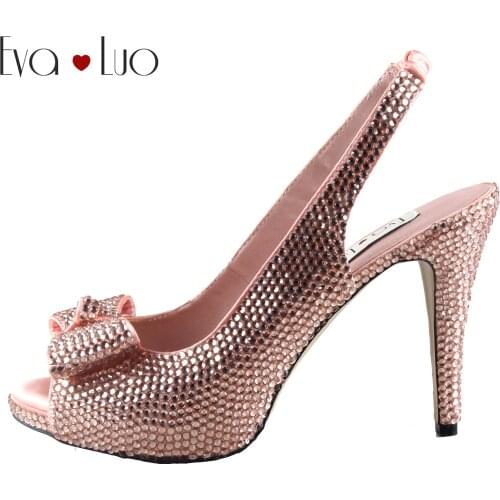 CHS1040 Custom Handmade Peach Crystal Bow Slingbacks Shoes High Heels Women Shoes Bridal wedding Shoes
