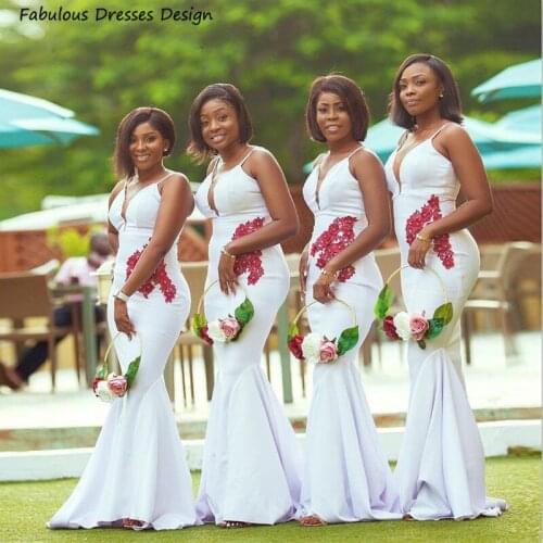 2021 Spaghetti Strap Bridesmaid Dresses White Mermaid V-neck Long Wedding Party Applique Women Robe De Soirée De Mariage