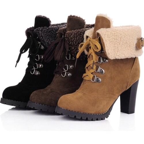 Winter Women Casual Square Heel Boots Platform Thick High Heels Plus Velvet Ankle Boots Studded Belt Buckle Cuffed Warm Boots