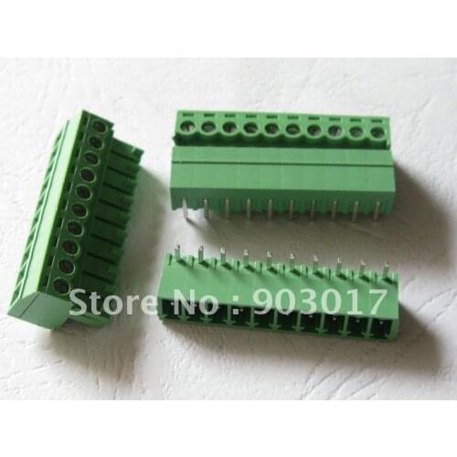 100 pcs Pitch 3.81mm Angle 10pin/way Screw Terminal Block Connector Green Color Pluggable Type with angle pin