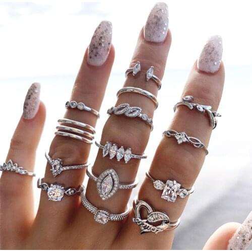 2020 New 15Pcs/Set Women Bohemian Artificial Rhinestone Finger Ring Jewelry Gift