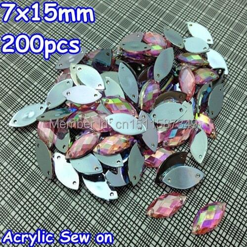 AAA 7x15mm 200PCS Lt Rose Pink AB Color Superior Taiwan Acrylic Flatback Stones Navette Eye Shape Rhinestone Sew On 2 Holes