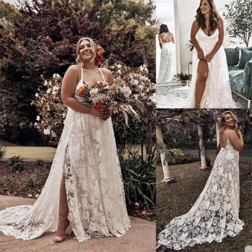 Bohemian A Line Full Lace Wedding Dresses Bridal Gowns Deep V Neck Sweep Train Backless High Side Split Country Style Boho