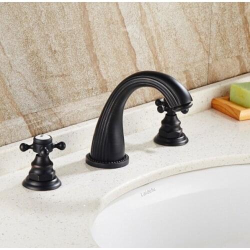 Deck Mounted 3 Holes Bath Tub Mixer Tap Black Oil Rubbed Antique Brass Widespread 2 Handles bathroom basin Faucet anf079