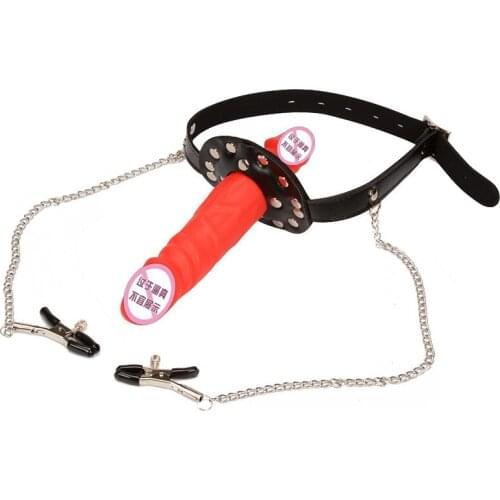 Double Dildo Mouth Gag Bondage,Mouth Gag Ball Oral Sex With Breast Nipple Clamps With Chain Clips Bdsm Fetish Bondage Sex ToysO3