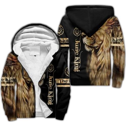King Lion 3D printed Fleece zipper Hoodies Men Women Winter Warm plus velvet jacket Casual Coat Choose your month