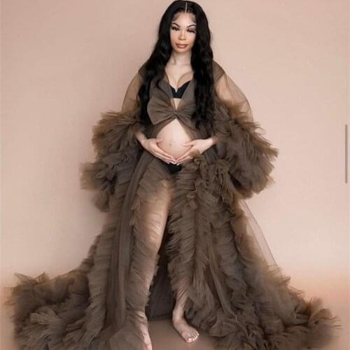 Brown Puffy Maternity Dress Gown for Photo Shoot Props Luxury Ruffles Maternity Photography Gown Costume Prom Dresses Bathrobe