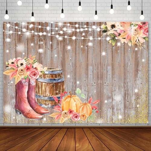 Cowboy Backdrop Child Birthday Decor Autumn Pumpkin Boots Flowers Wood Board Photography Background Photo Studio Photozone Props