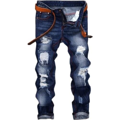 2021 New Fashion Ripped Biker Jeans Mens Distressed Denim Pants Men Torn Art Patches Stretch Jeans Slim Trousers Size 28-42