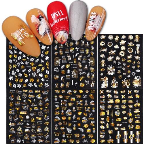 6pcs Set Summer Stickers Manicure Gold Flower Leaf Adhesive Nails Decals Sliders Tips DIY Nail Art Decoration