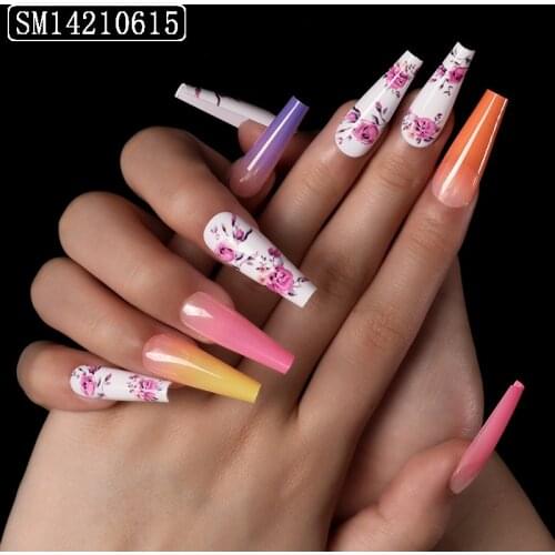 24Pcs/Set Fake Nails With Glue Floral Printed Long Detachable French Nails Coffin Glossy Press on Nails Art DIY Manicure Tools