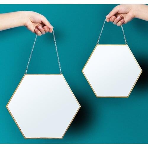 Nordic Makeup Mirror Geometric Gold Brass Frame Hexagonal Round Bathroom Mirror Minimalist Living Room Hanging Adornment