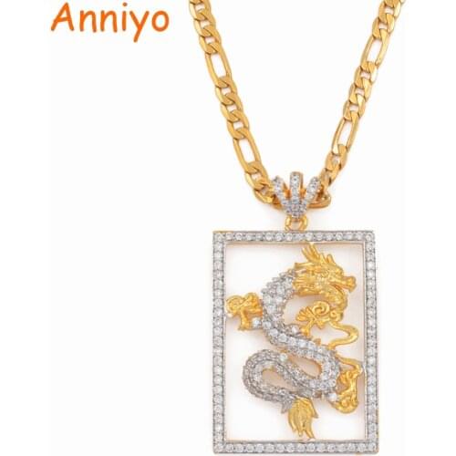 Anniyo Cubic Zirconia Auspicious Dragon Pendant Necklaces for Men Women Gold Color Jewelry Mascot Ornaments Lucky Symbol #064304