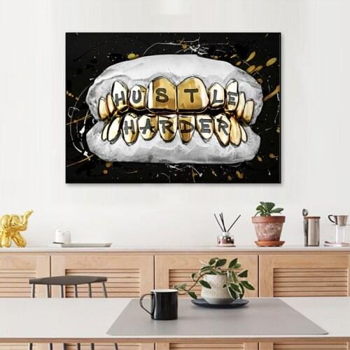 Golden Skull Teeth Posters And Prints Hustle Harder Abstract Canvas Painting Modern Wall Art Picture Living Room Home Decoration