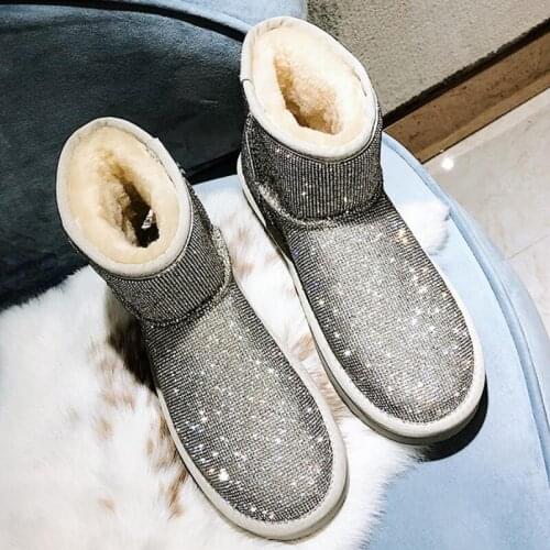 Rhinestone Warm Snow Boots Women Winter Shoes Crystal Ankle Boots Flat Shoes Australian Fur Boots Women Luxury Black Botte Femme