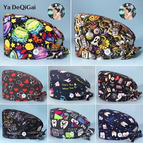 Adjustable Unisex cotton Cartoon Animal print hats Scrubs hats beauty salon nursing caps laboratory pet shop fashion Scrub Cap
