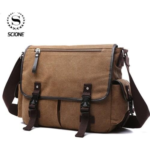 Scione Retro Mens Messenger Bag Casual Solid Color Large Capacity Multi-function Travel Canvas Shoulder Bag Fashion Tote