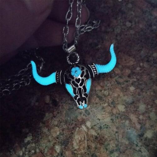 Luminous Bull Head Pendant Necklace Glowing Animal Bull Horn Skull Necklace for Women Men Glow in the Dark Jewelry Halloween