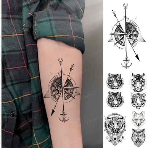 Waterproof Temporary Tattoo Sticker Clock Compass Ship Anchor Tiger Wolf Cool Flash Tatto Man Arm Body Art Fake Tatoo Woman Kids