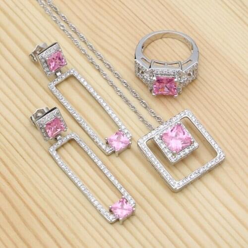 Jewelry Sets For Women Wedding Pink Cubic Zirconia White Crystal Square 925 Silver Earrings/Pendant/Necklace/Ring