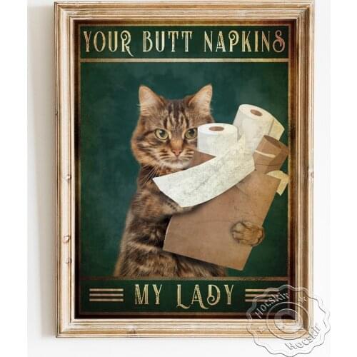 Funny Lovely Cat Illustration Poster, Spoof Toilet Paper Art Prints, Humor Cute Animal Wall Picture, Vintage Restroom Wall Decor