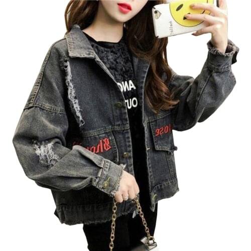 Embroidered Letters Denim Jacket Outerwear Female Korean Holes Loose NEW Spring Autumn Short Long-Sleeved Cowboy Jackets Women