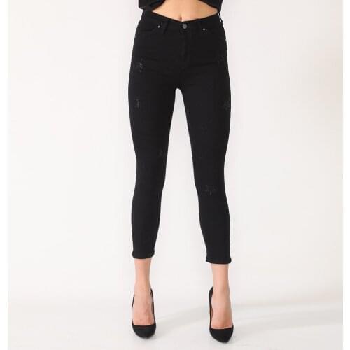 Women, Jeans, Slim Fit, High Waist, Sequined, Lycra, Star, Flexible, Black, Full Length, Cotton Denim Trousers, 2021 Summer