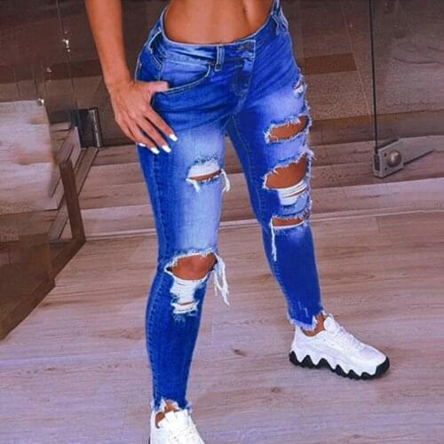 Summer Spring Denim Jeans Women Ripped Hole Stretch Jean 2021 Sexy Slim High Waist Ladies Plus Size Full Length Pencil Pants